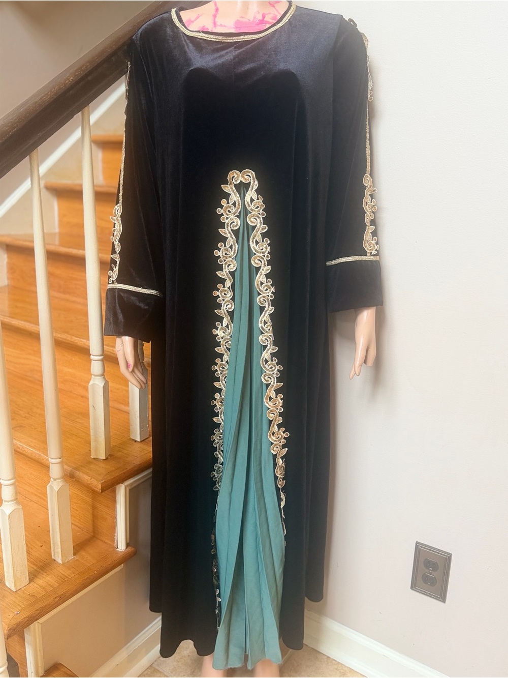 Galabiya Black Velvet Embroidered Maxi Dress with Teal Insets - Picture 4 of 6